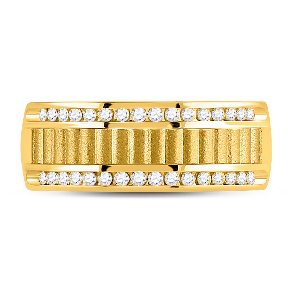 14K Yellow Gold Round Diamond Men's Double Row Matte Textured Wedding Band Ring 1/3 Cttw - Splendid Jewellery