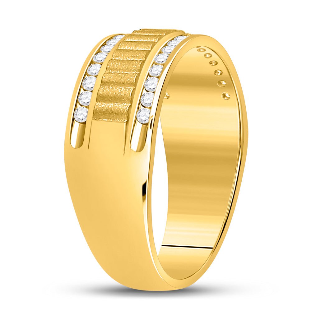 14K Yellow Gold Round Diamond Men's Double Row Matte Textured Wedding Band Ring 1/3 Cttw - Splendid Jewellery