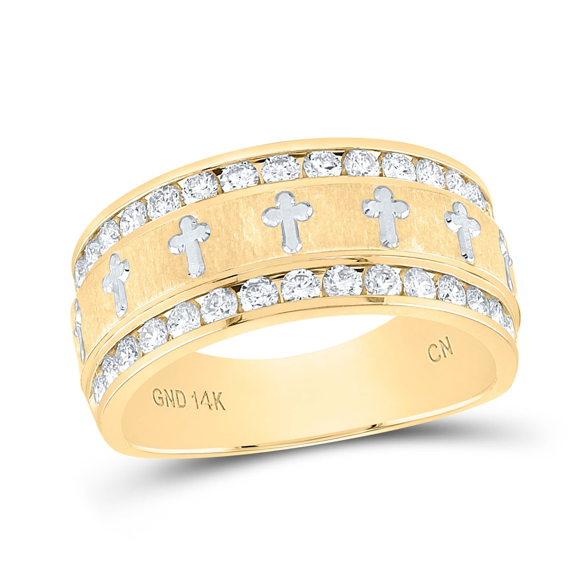 14K Yellow Gold Round Diamond Men's Grecco Cross Wedding Anniversary Band Ring 1 Cttw - Splendid Jewellery