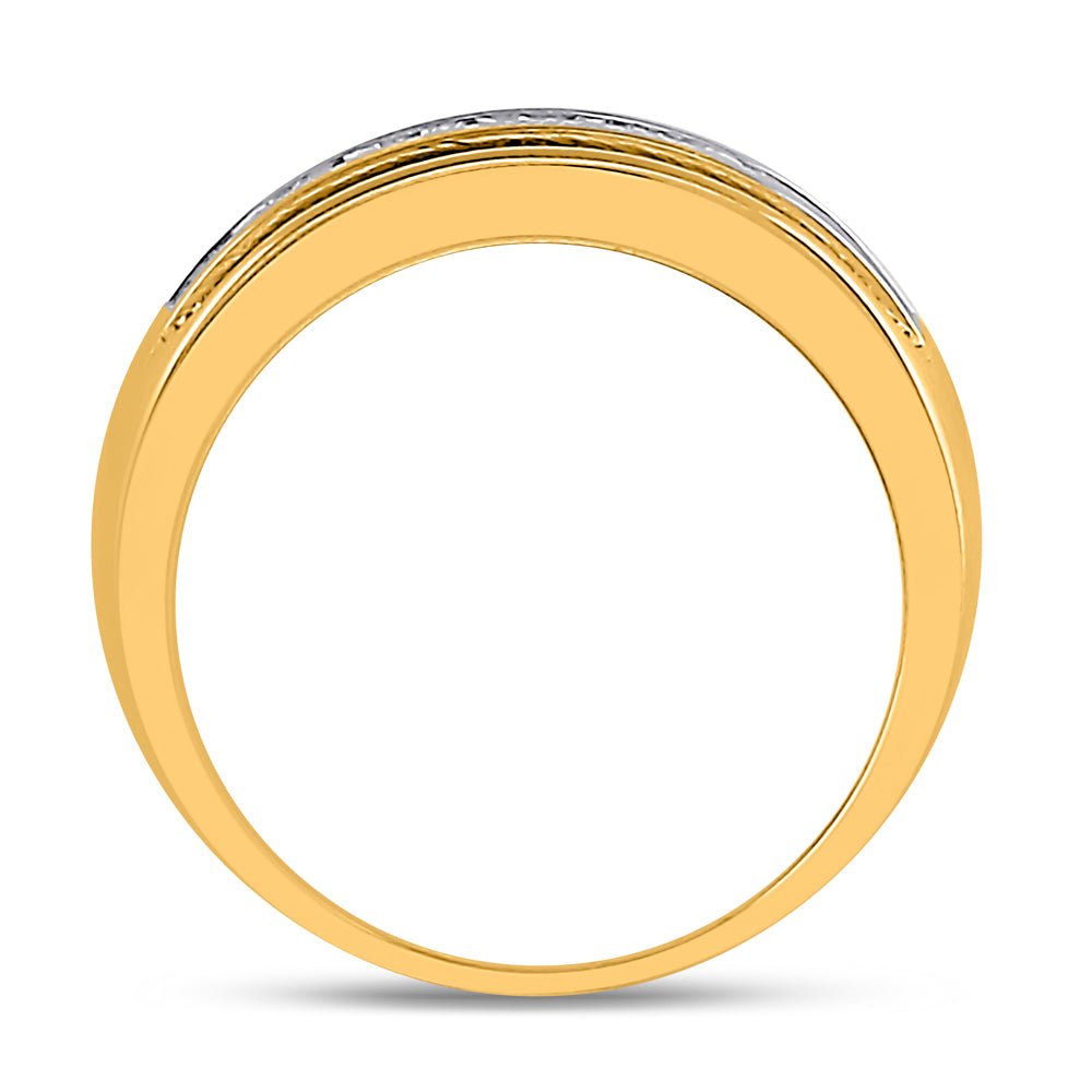 14K Yellow Gold Round Diamond Men's Single Row Textured Wedding Band Ring 1 Cttw - Splendid Jewellery