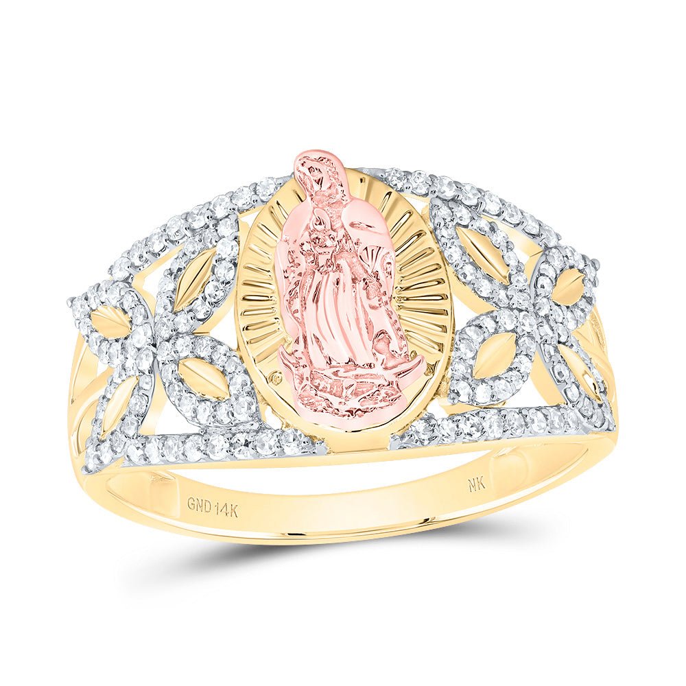 14k Yellow Rose Diamond Fashion Virgin Mother Mary Oval Women's Ring 1/3 Cttw - Splendid Jewellery