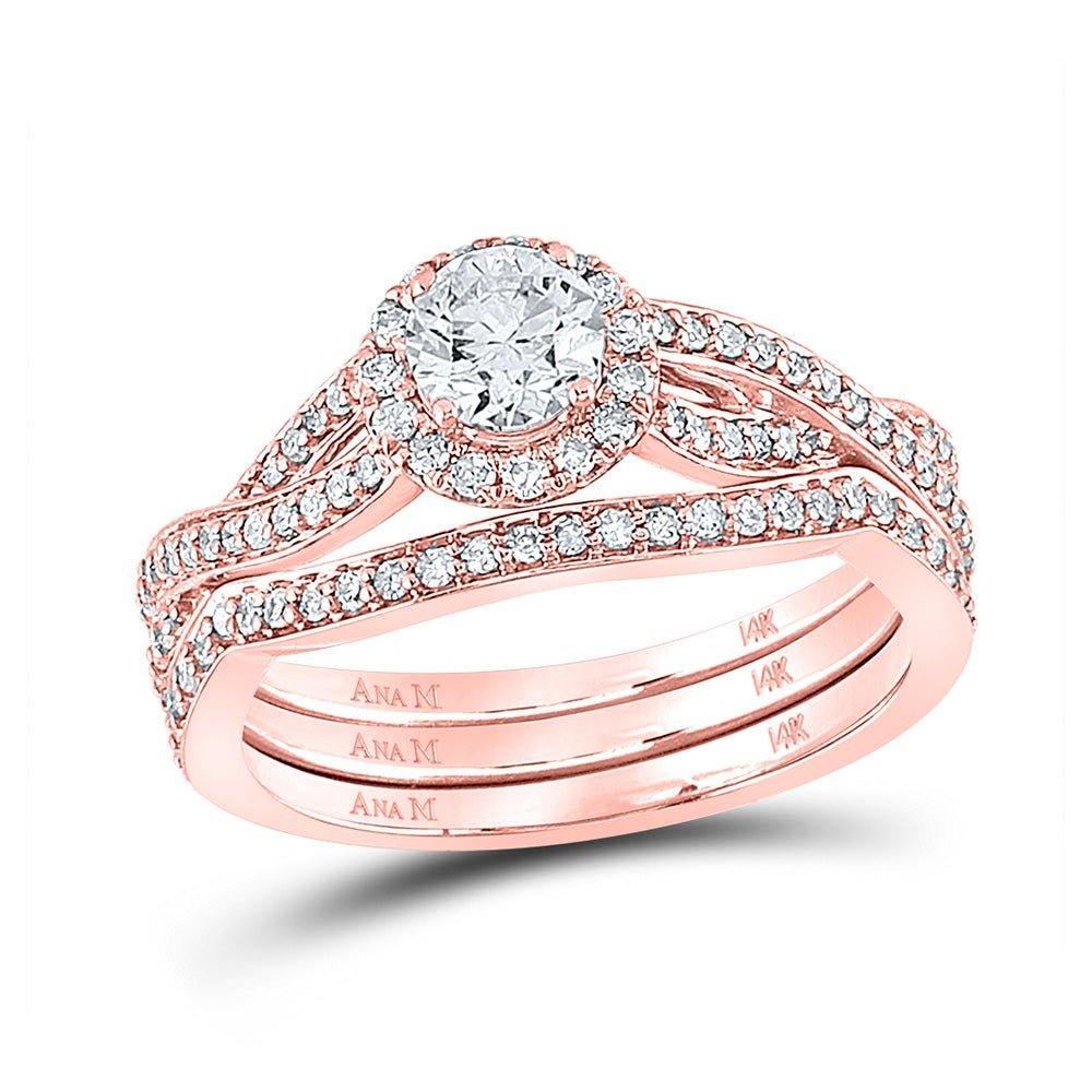 14kt Rose Gold Diamond Halo Wedding Ring Band Set - Timeless Elegance and Unmatched Sparkle - Splendid Jewellery