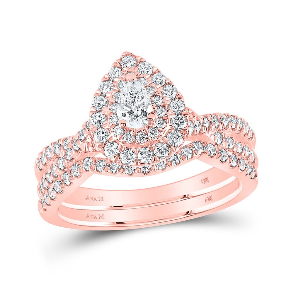 14kt Rose Gold Pear Diamond Halo Bridal Wedding Ring Band Set 1 Cttw | Enchanting Elegance - Splendid Jewellery