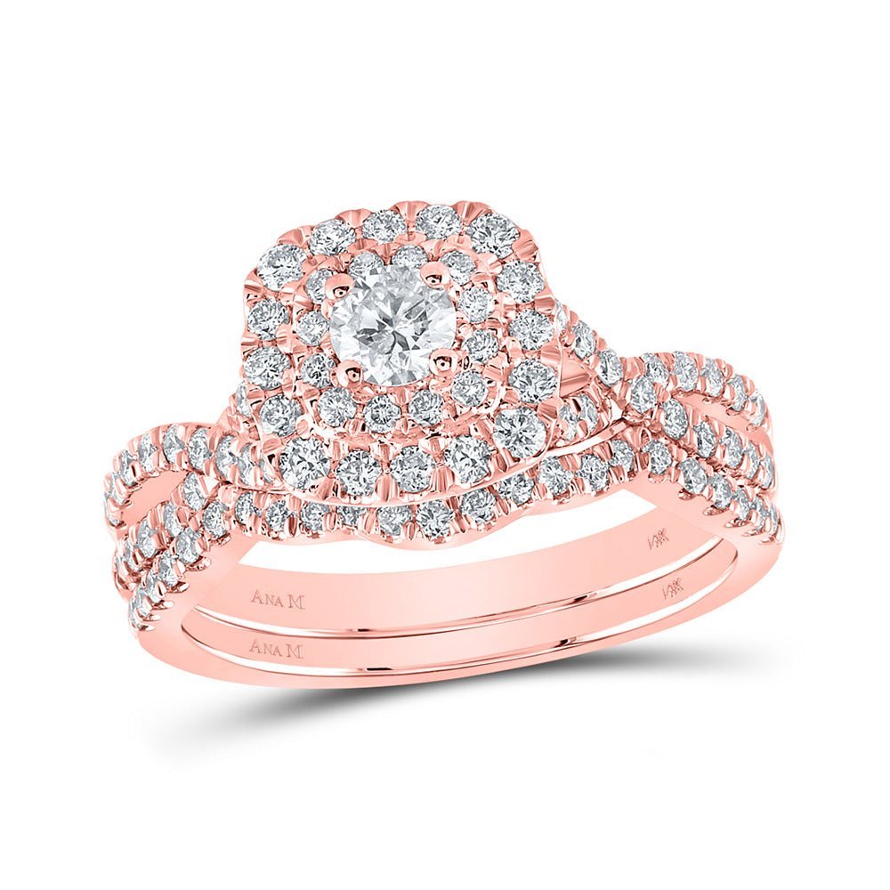 14kt Rose Gold Sparkling Diamond Halo Bridal Wedding Ring Band Set - Splendid Jewellery