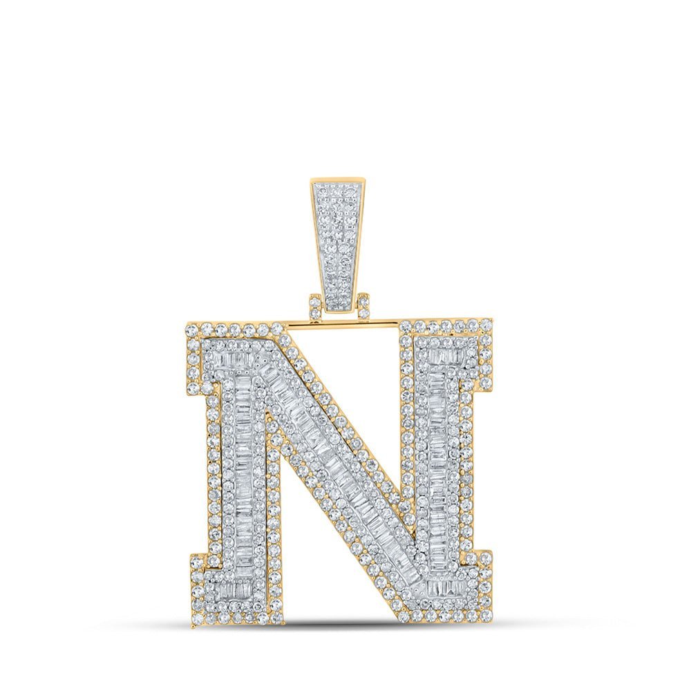 14kt Two - tone Gold Men's Baguette Diamond N Initial Letter Charm Pendant - 2 - 5/8 Cttw - Splendid Jewellery