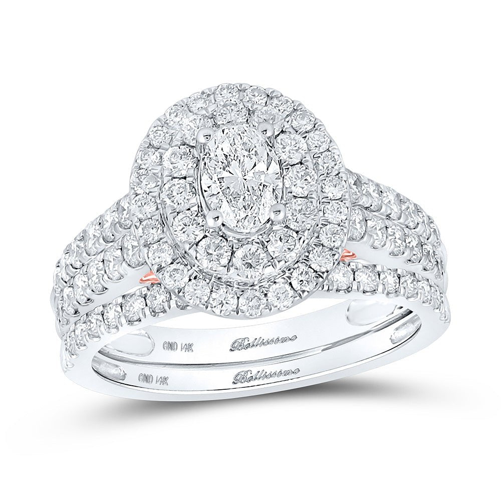 14kt Two - tone Gold Oval Diamond Halo Bridal Wedding Ring Set with Blue Sapphire Accent - Splendid Jewellery