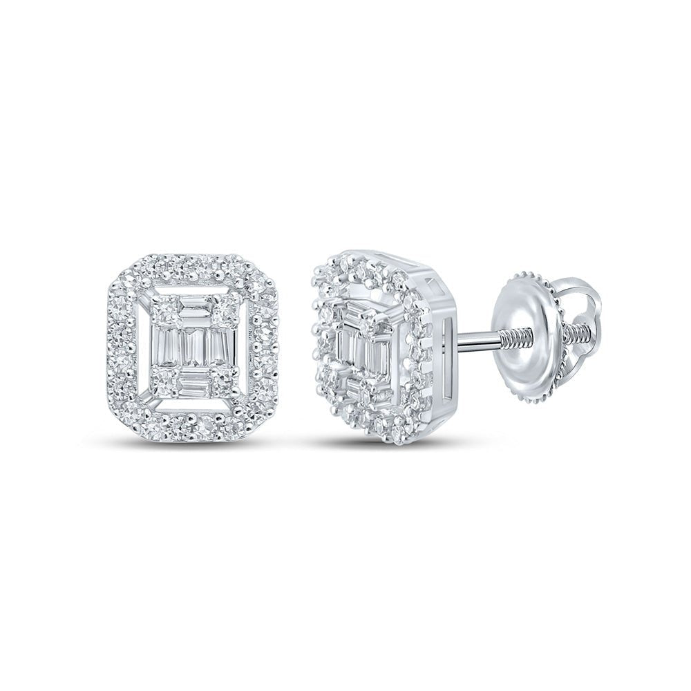 14kt White Gold Baguette and Round Diamond Cluster Earrings for Men - 1/4 Cttw - Splendid Jewellery