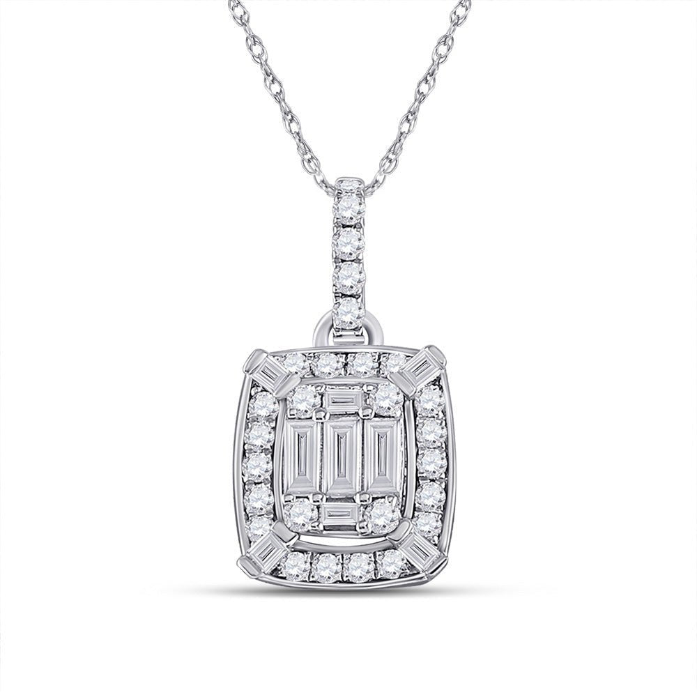 14kt White Gold Baguette and Round Diamond Cluster Pendant - A Mesmerizing Masterpiece of Elegance - Splendid Jewellery