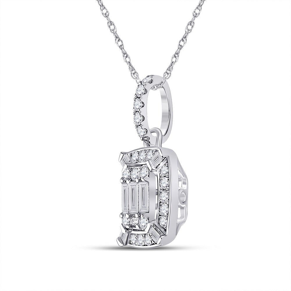 14kt White Gold Baguette and Round Diamond Cluster Pendant - A Mesmerizing Masterpiece of Elegance - Splendid Jewellery