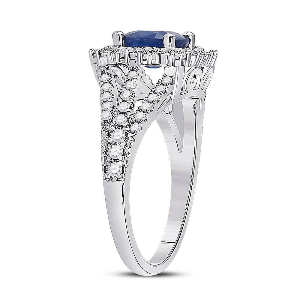 14kt White Gold Cushion Blue Sapphire Diamond Halo Fashion Ring - Splendid Jewellery