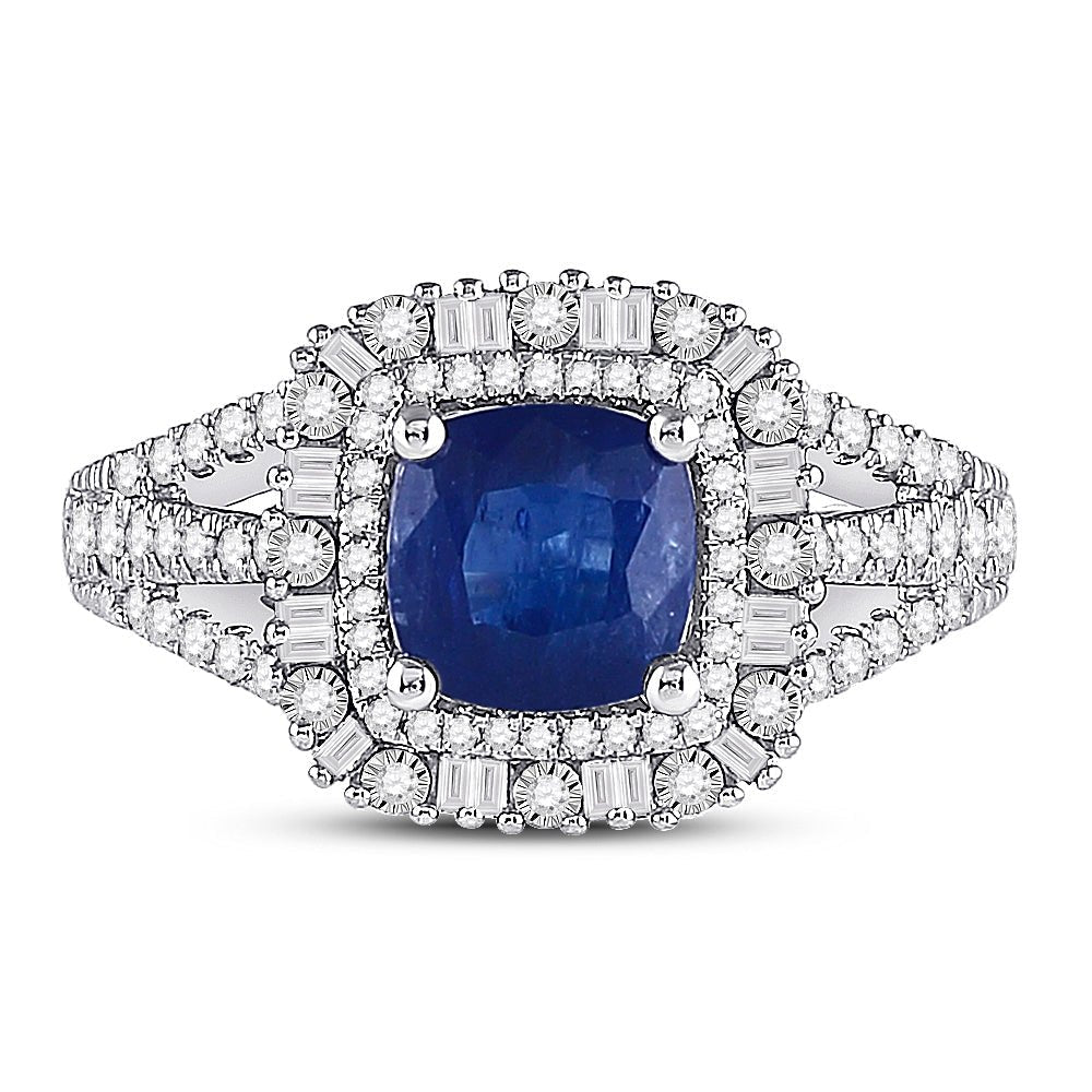 14kt White Gold Cushion Blue Sapphire Diamond Halo Fashion Ring - Splendid Jewellery