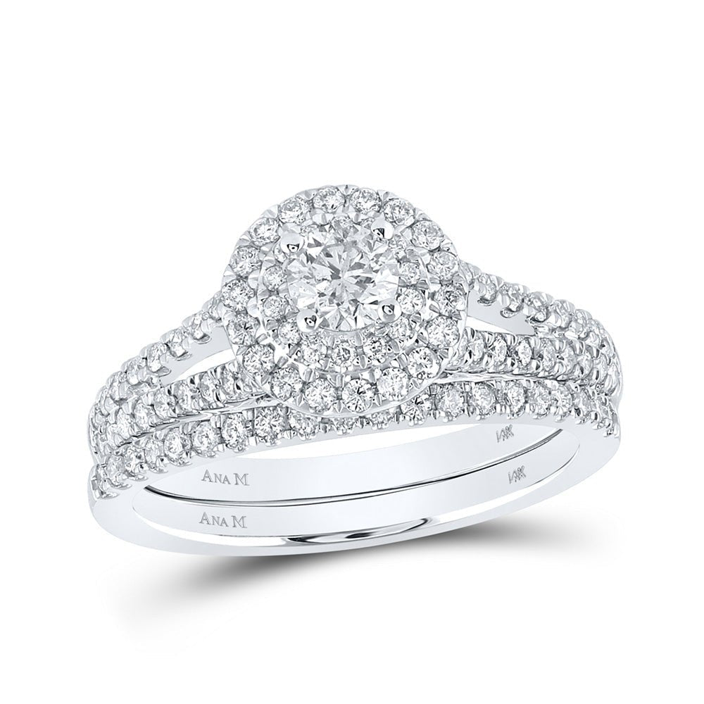 14kt White Gold Diamond Halo Bridal Wedding Ring Set with Blue Sapphire - Splendid Jewellery