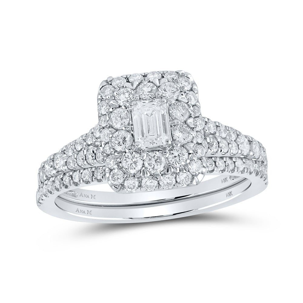 14kt White Gold Emerald Diamond Halo Bridal Wedding Ring Band Set - Eternal Elegance - Splendid Jewellery