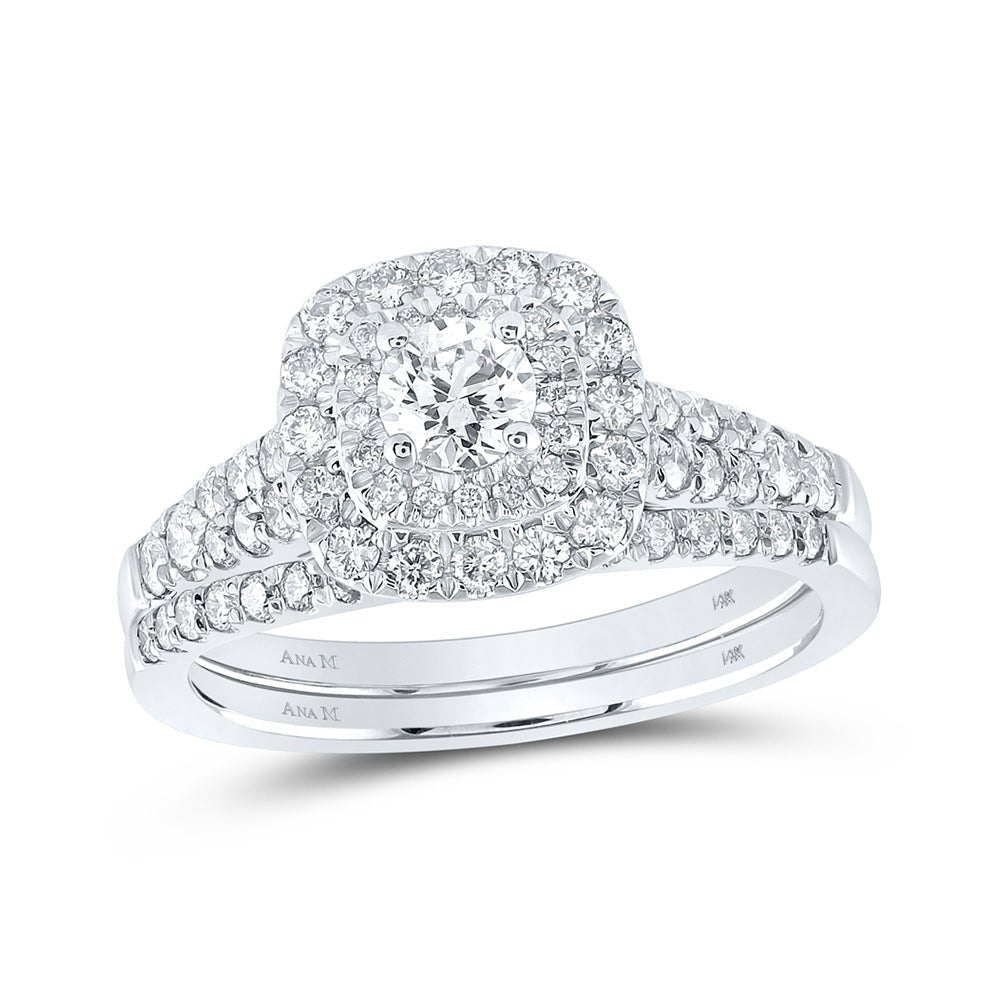 14kt White Gold Halo Diamond Wedding Ring Set with Blue Sapphire - Splendid Jewellery