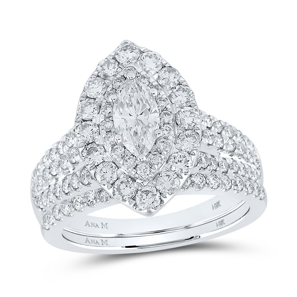 14kt White Gold Marquise Diamond Halo Bridal Wedding Ring Band Set with Blue Sapphire Accent - Splendid Jewellery