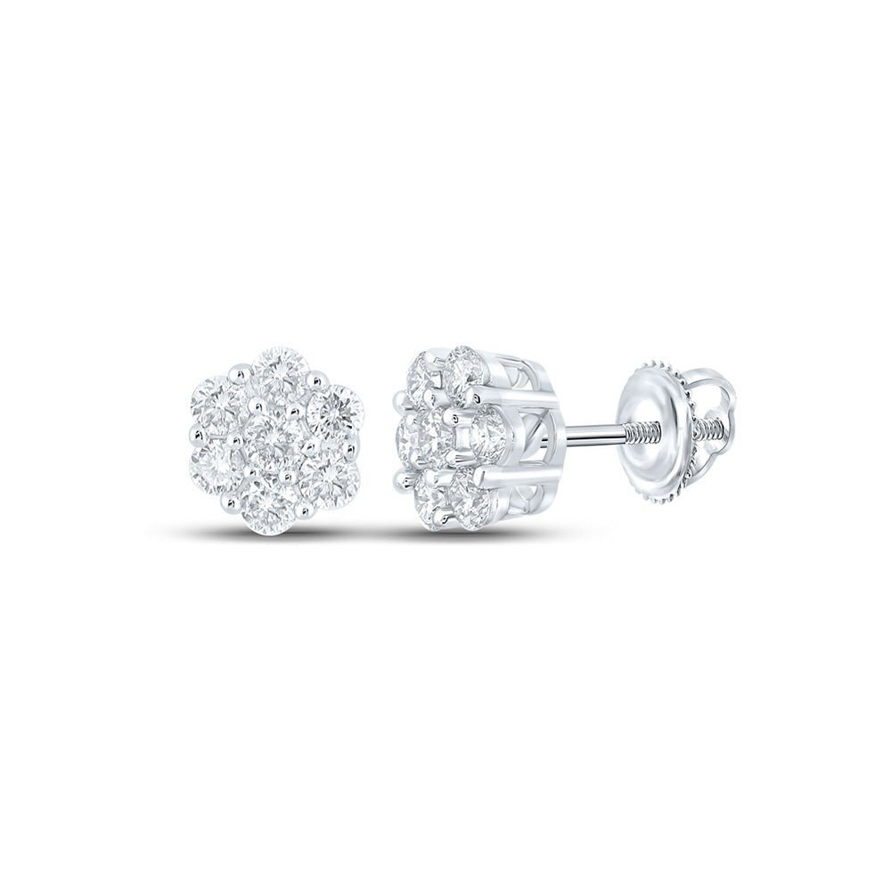 14kt White Gold Men's Round Diamond Flower Cluster Earrings - A Captivating Statement of Masculine Elegance - Splendid Jewellery