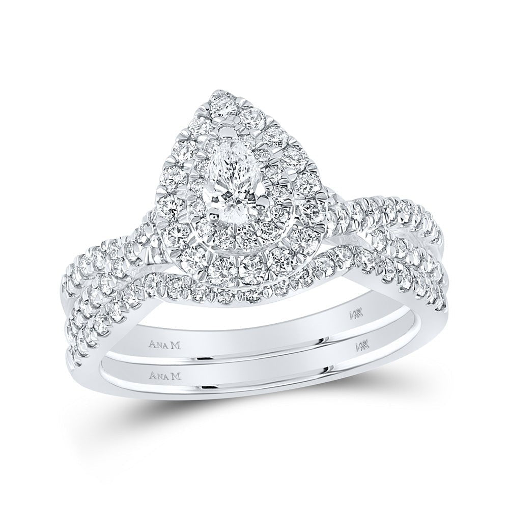 14kt White Gold Pear Diamond Halo Bridal Wedding Ring Set with Blue Sapphire Accent - Splendid Jewellery