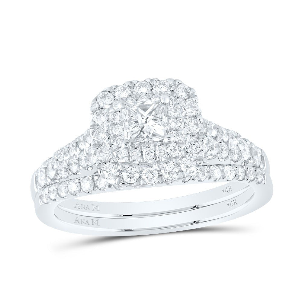 14kt White Gold Princess Diamond Halo Bridal Wedding Ring Band Set with Blue Sapphire Accent - A Timeless Celebration of Love - Splendid Jewellery