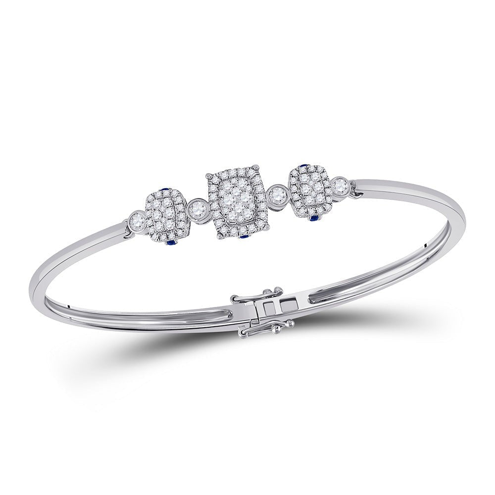 14kt White Gold Triple Cluster Bangle Bracelet with Round Diamonds and Blue Sapphire - Splendid Jewellery