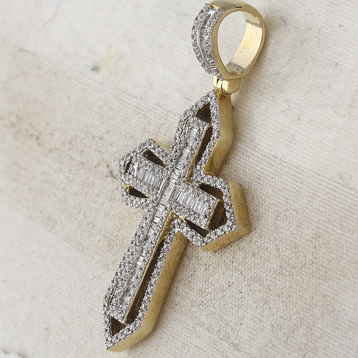 14kt Yellow Gold Baguette Diamond Cross Charm Pendant for Men - 7/8 Cttw - Splendid Jewellery