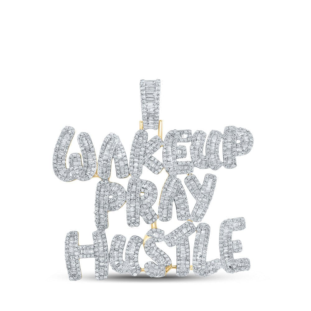 14kt Yellow Gold Men's Baguette Diamond Wake Up Pray Hustle Charm Pendant - 3 - 3/4 Cttw - Splendid Jewellery