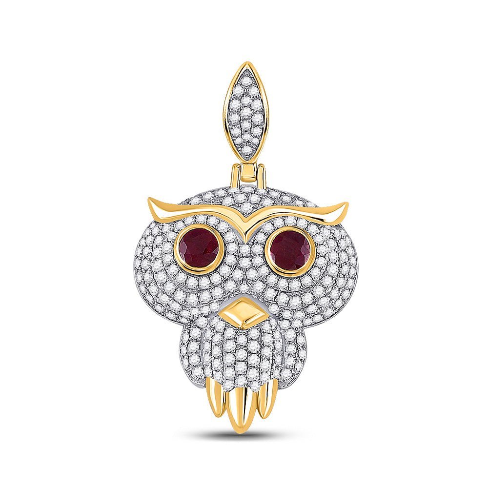 14kt Yellow Gold Men's Diamond Owl Bird Charm Pendant with Ruby - 2 - 5/8 Cttw - Splendid Jewellery