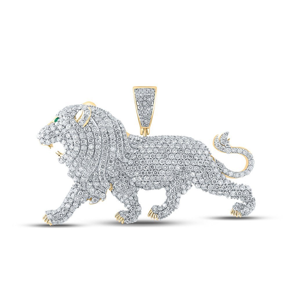 14kt Yellow Gold Men's Lion Charm Pendant with 5 - 1/2 Ct.t.w. Round Diamond and Natural Emerald - Splendid Jewellery