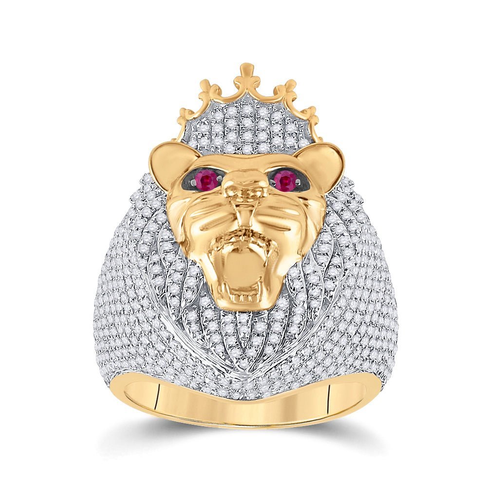 14kt Yellow Gold Mens Lion Face Animal Ring with Ruby and Diamond Accents - 1 - 3/4 Cttw - Splendid Jewellery