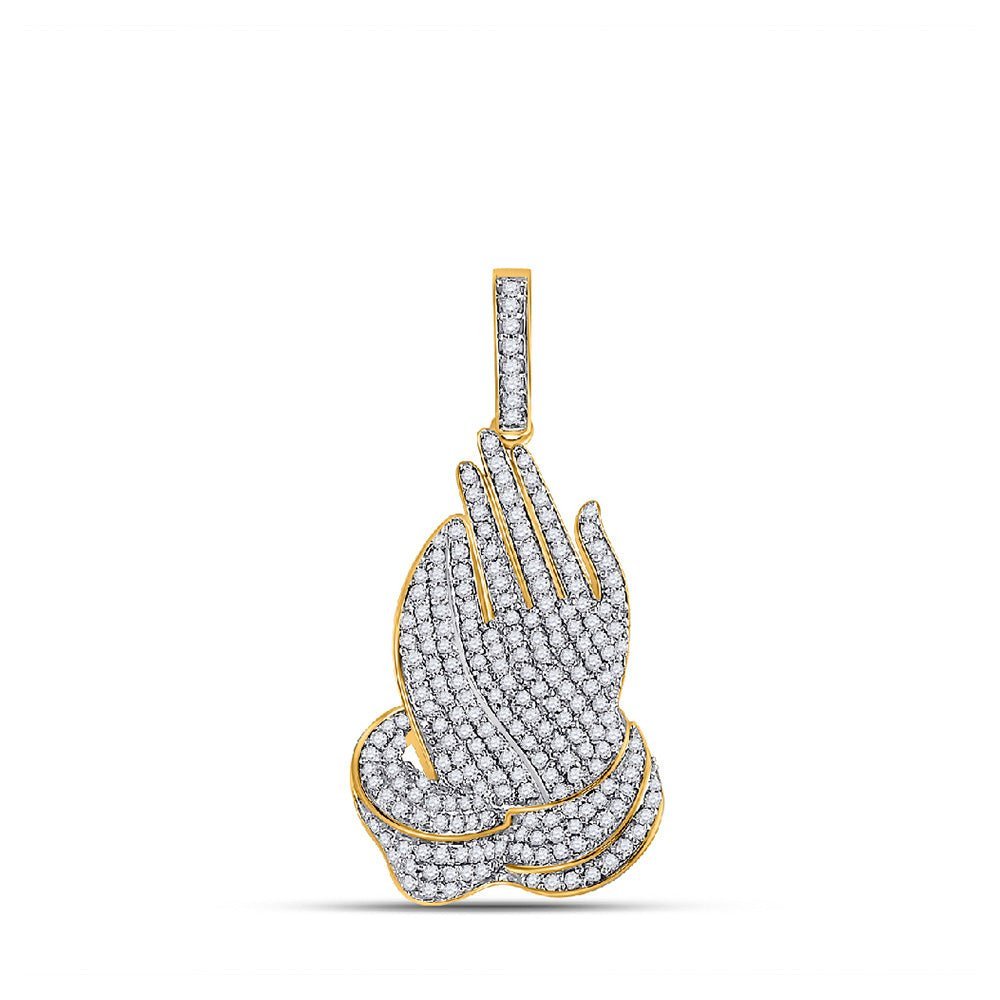 14kt Yellow Gold Men's Round Diamond Prayer Hands Charm Pendant 7/8 Cttw - Exquisite Jewelry Masterpiece - Splendid Jewellery