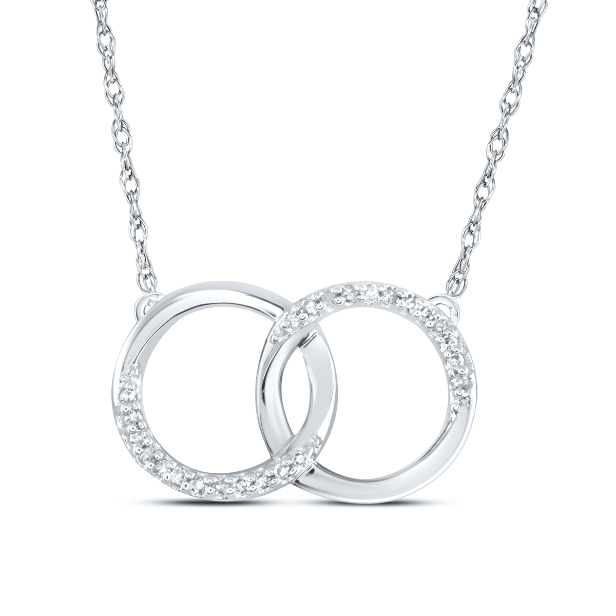 10K White Gold Round Diamond Womens Interlocking Double Circle Pendant Necklace 1/10 Cttw - Splendid Jewellery