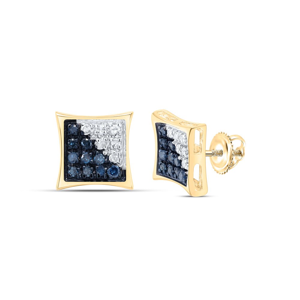 10K Yellow Gold Round Diamond Blue Color Enhanced Square Kite Cluster Earrings 1/10 Cttw - Splendid Jewellery