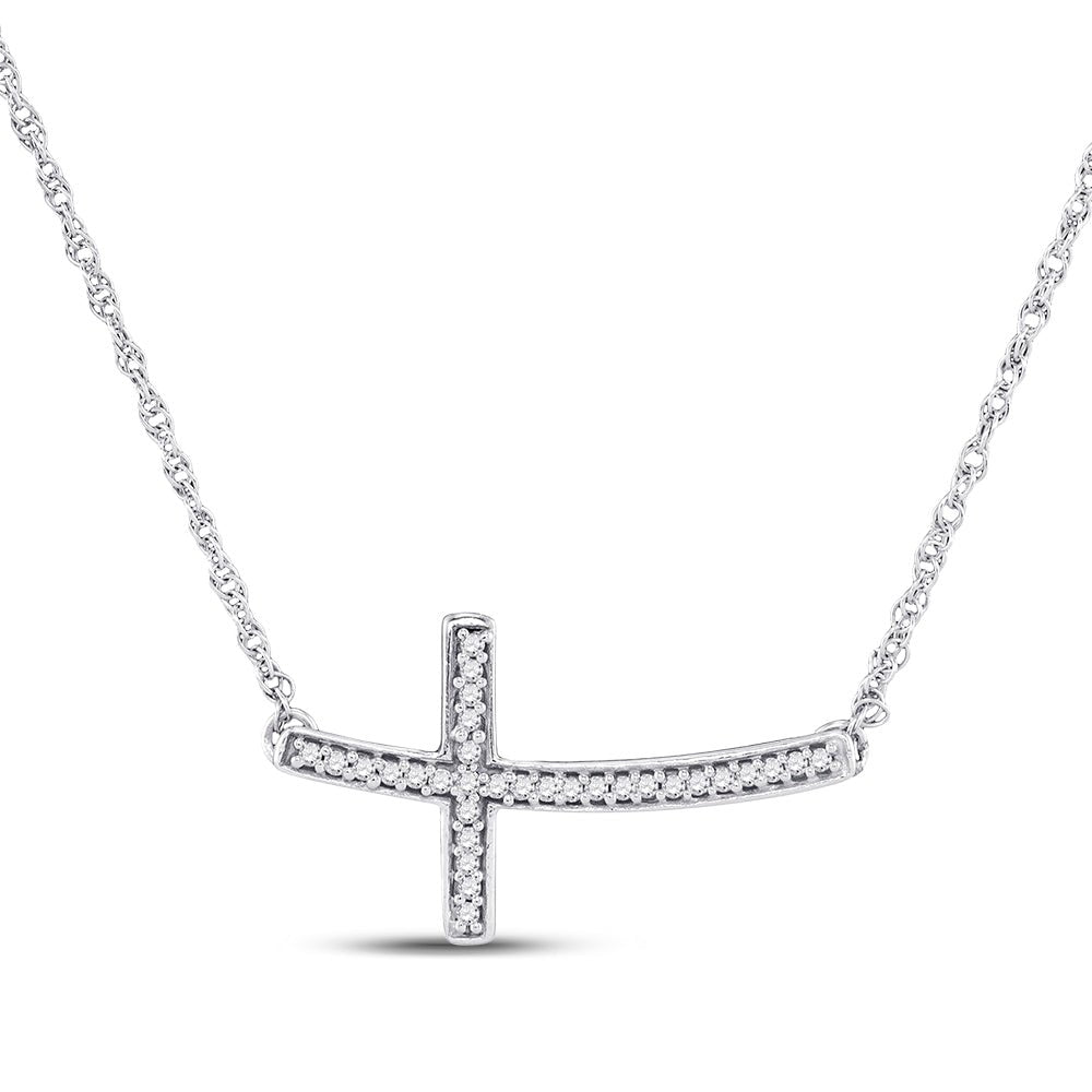 10K White Gold Round Diamond Womens Horizontal Cross Pendant Necklace 1/10 Cttw - Splendid Jewellery