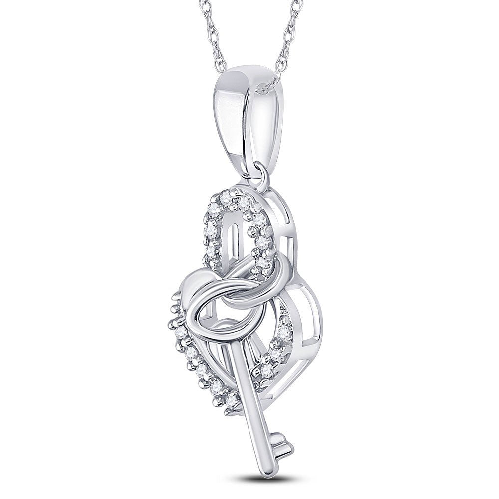 10K White Gold Round Diamond Womens Heart Lock Key Dangle Pendant 1/10 Cttw - Splendid Jewellery