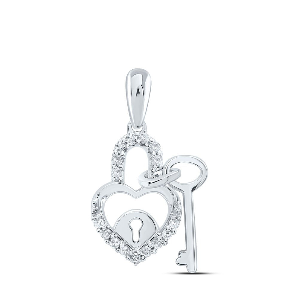 10K White Gold Round Diamond Womens Heart Lock Key Dangle Pendant 1/10 Cttw - Splendid Jewellery