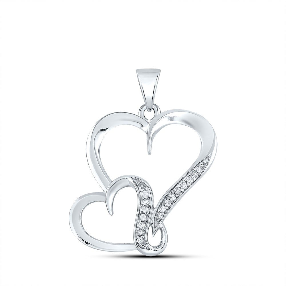 Sterling Silver Round Diamond Sterling Silver Womens Double Heart Pendant 1/10 Cttw - Splendid Jewellery