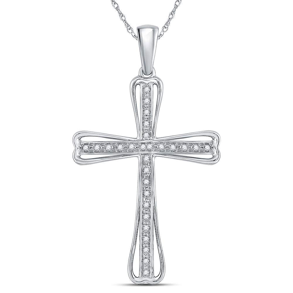 Sterling Silver Round Diamond Sterling Silver Womens Cross Pendant 1/10 Cttw - Splendid Jewellery