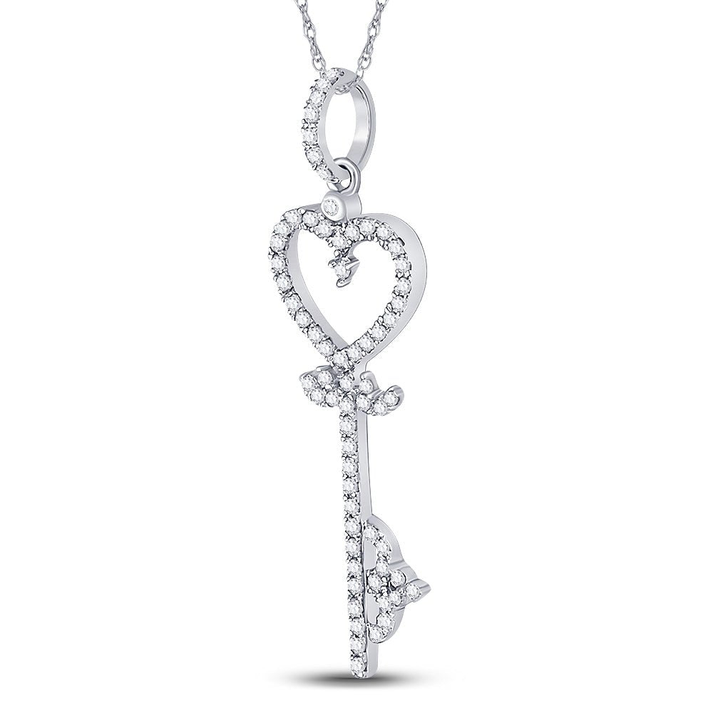 10K White Gold Round Diamond Womens Key Heart Pendant 1/5 Cttw - Splendid Jewellery