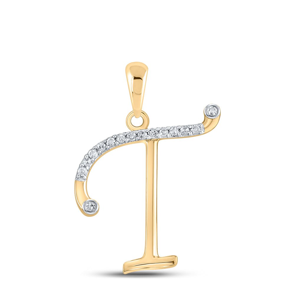 10K Yellow Gold Round Diamond T Initial Letter Pendant 1/10 Cttw - Splendid Jewellery