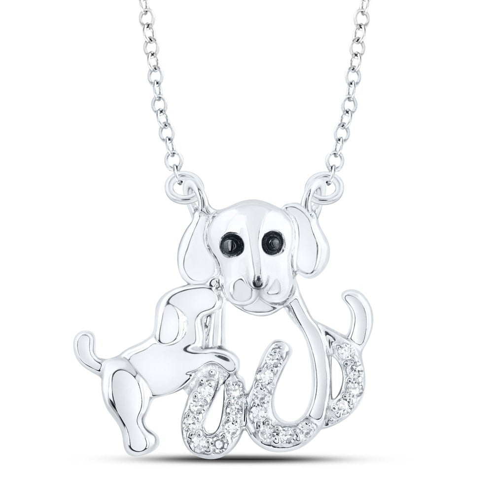 Sterling Silver Round Diamond Dog And Pup Necklace (18 Inch) 1/12 Cttw - Splendid Jewellery