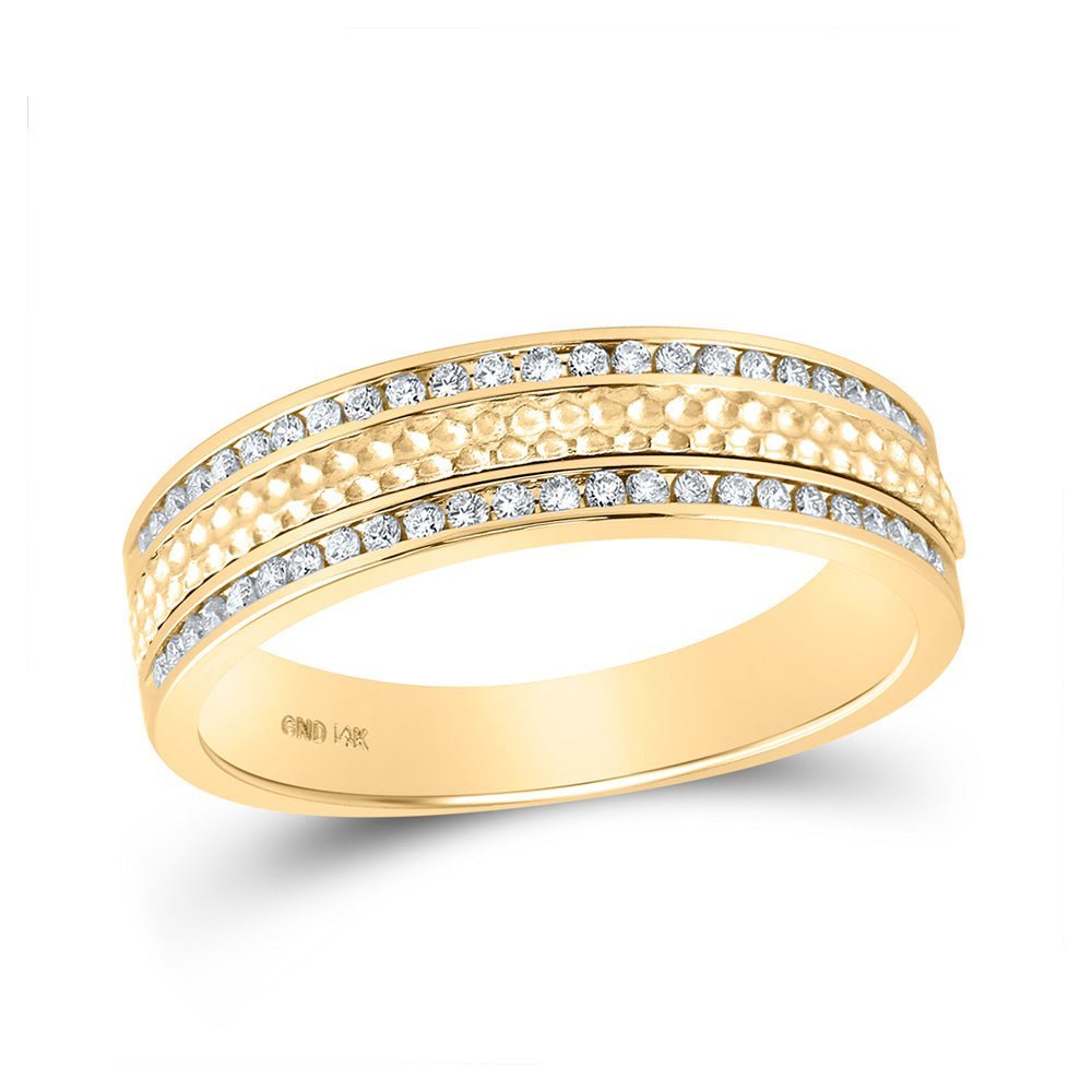 Captivating 14kt Yellow Gold Men's Diamond Hammered Inlay Wedding Band Ring - 1/3 Cttw - Splendid Jewellery