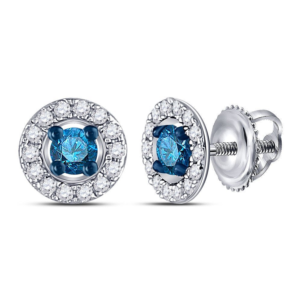 Captivating Blue Brilliance: 10kt White Gold Womens Round Blue Color Enhanced Diamond Stud Earrings 1/3 Cttw - Splendid Jewellery