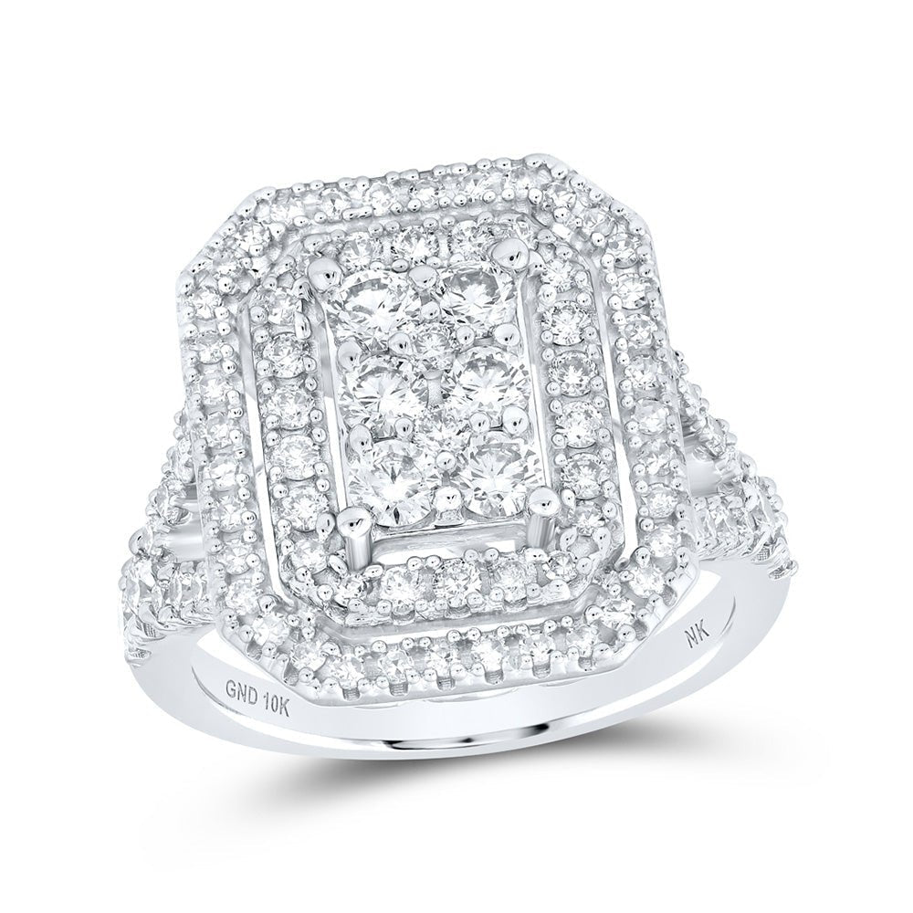 Captivating Brilliance: 10kt White Gold Womens Round Diamond Rectangle Cluster Ring 1 - 1/2 Cttw - Splendid Jewellery