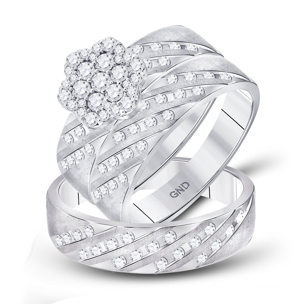 Captivating Brilliance: 14kt White Gold His Hers Round Diamond Cluster Matching Wedding Set 7/8 Cttw - Splendid Jewellery