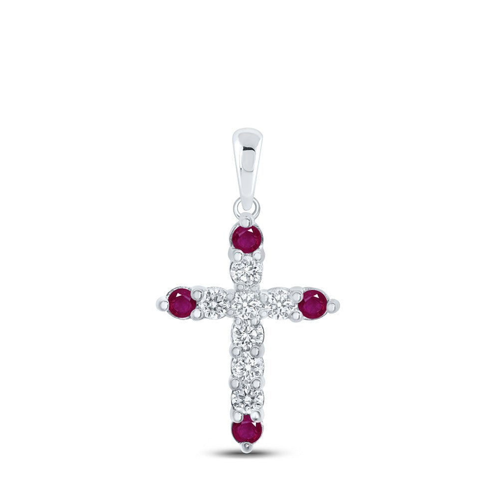 Captivating Crimson Cross Pendant | 10kt White Gold Womens Round Ruby Diamond Cross Pendant 1/2 Cttw | Splendid Jewellery - Splendid Jewellery