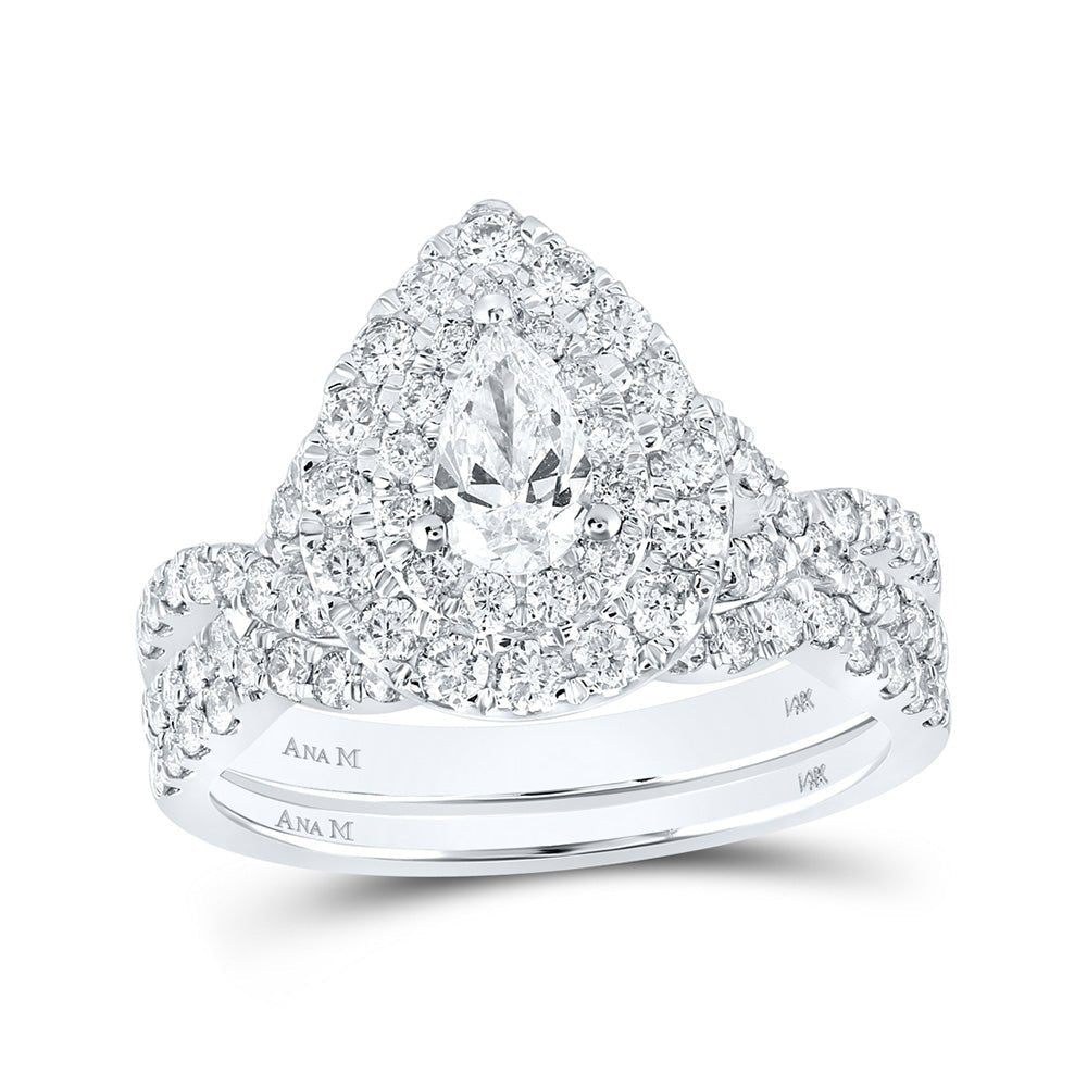 Captivating Elegance: 14kt White Gold Pear Diamond Halo Bridal Wedding Ring Band Set 1 - 1/2 Cttw - Splendid Jewellery