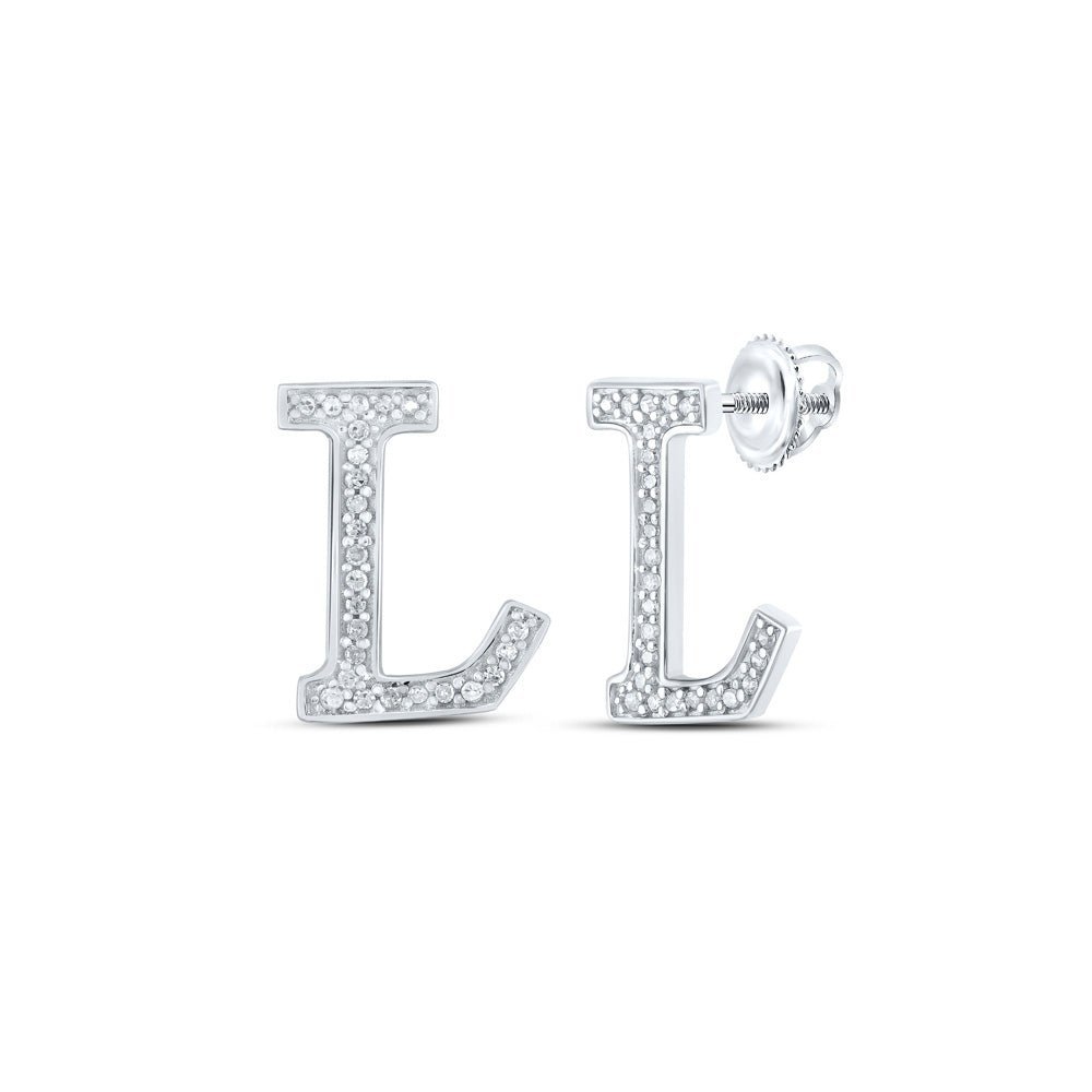Captivating Initial Brilliance: 10kt White Gold Womens Round Diamond L Initial Letter Earrings 1/10 Cttw - Splendid Jewellery