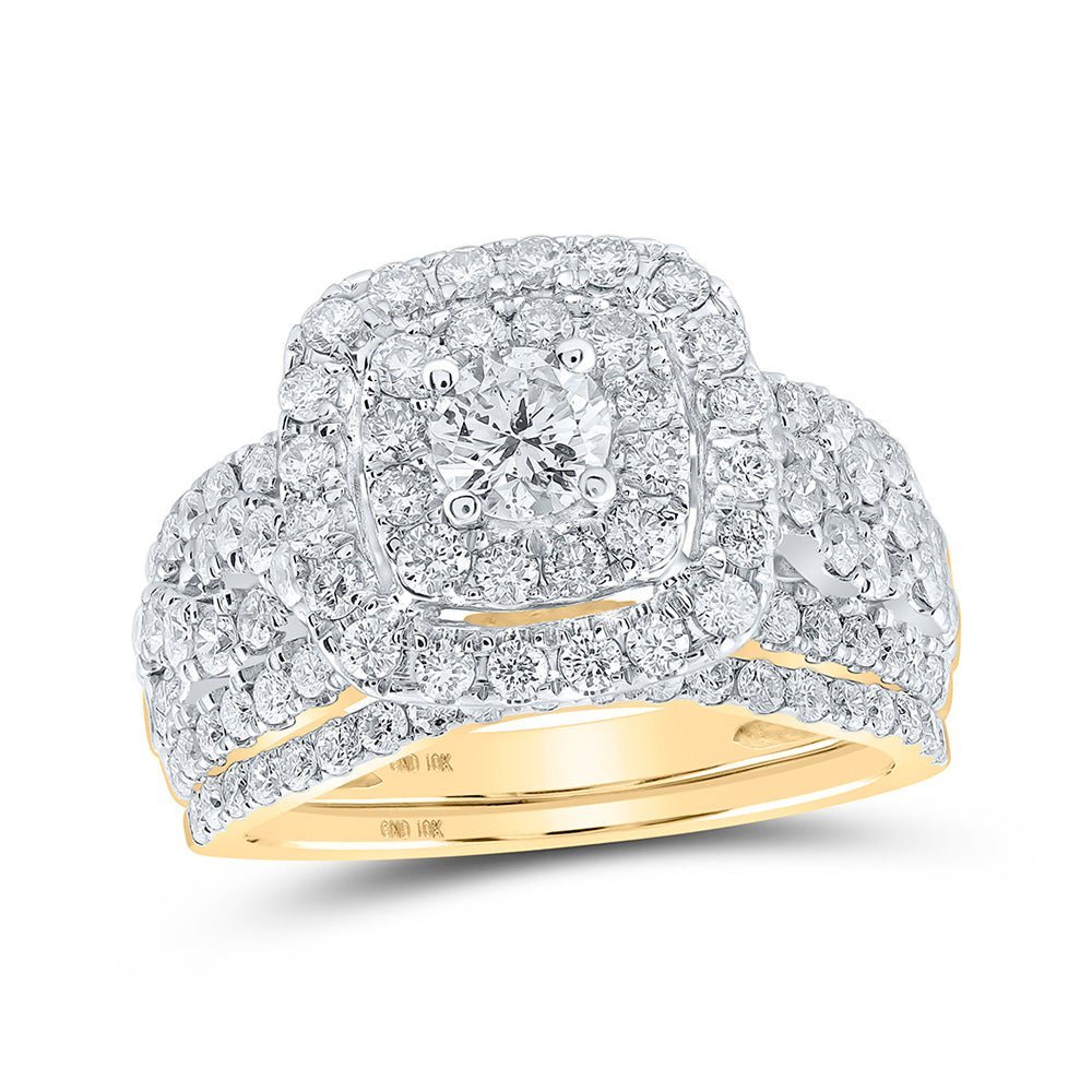 Captivating Love Story | 10kt Yellow Gold Round Diamond Square Halo Bridal Wedding Ring Band Set 2 Cttw - Splendid Jewellery
