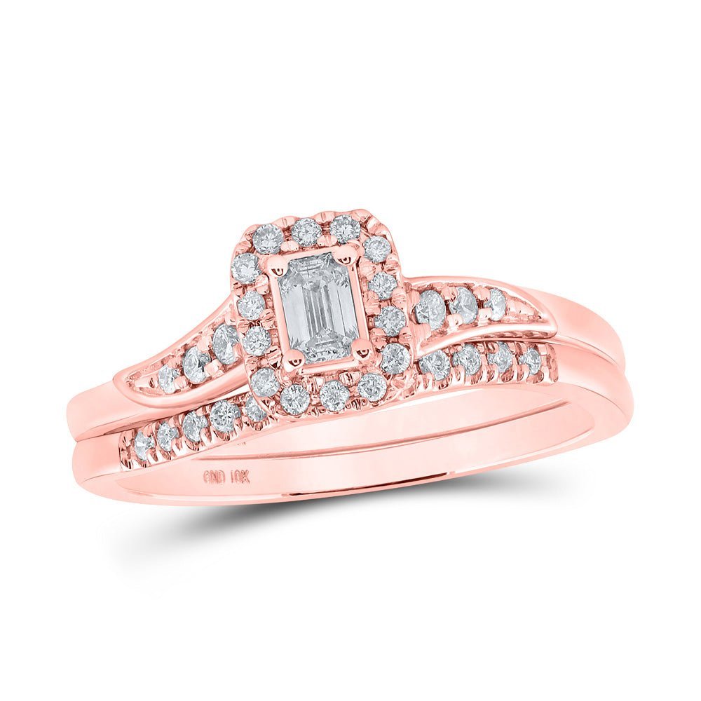 Captivating Rose Gold Emerald Diamond Halo Bridal Wedding Ring Band Set - Splendid Jewellery