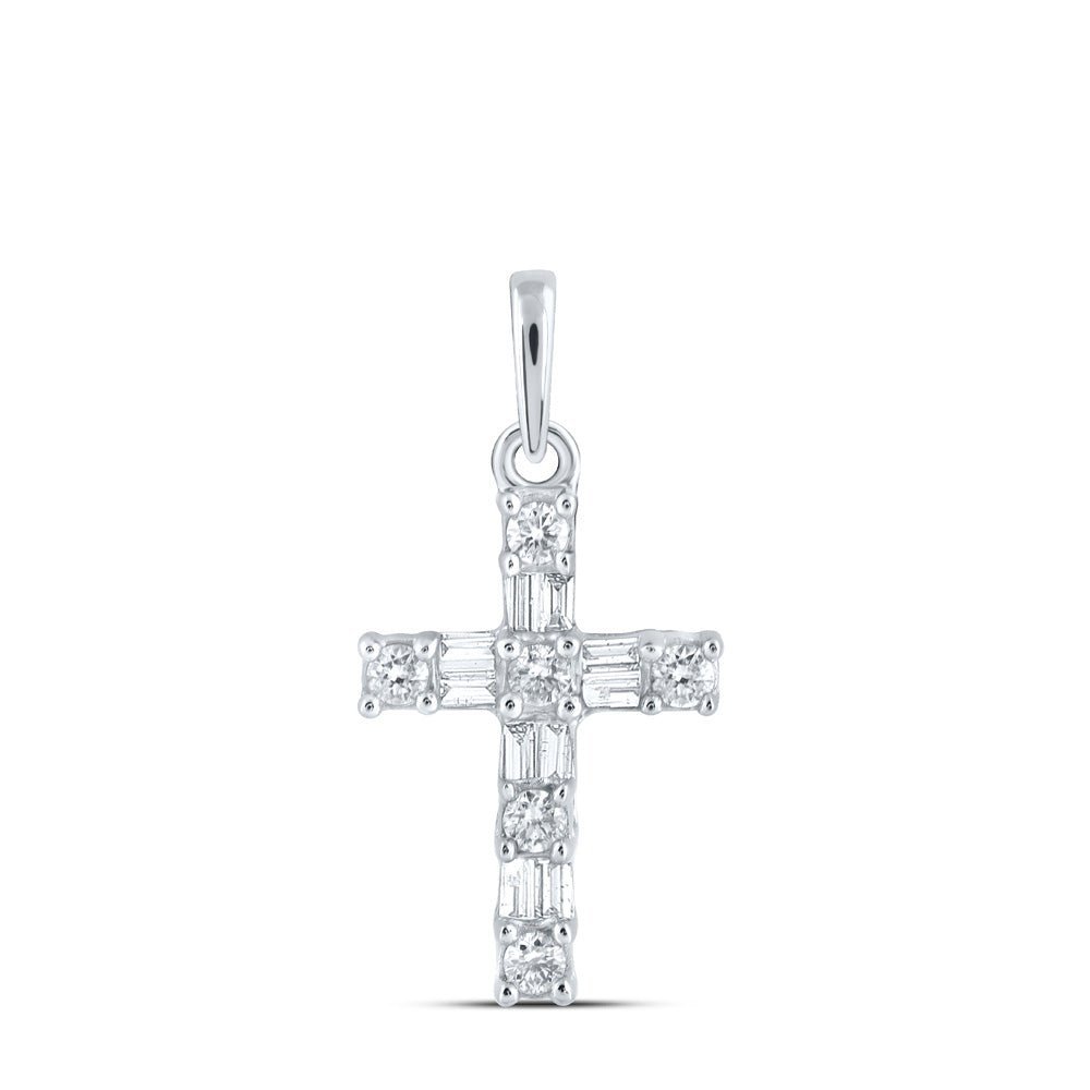 Dazzling Faithful Love Pendant | 10kt White Gold Womens Baguette Diamond Cross Pendant 1/6 Cttw - Splendid Jewellery