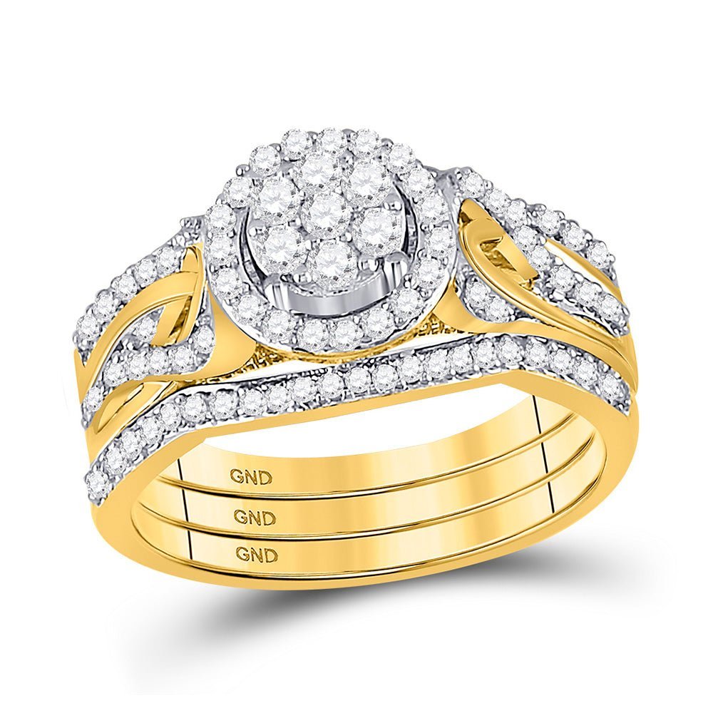 Dazzling Love: 10kt Yellow Gold Round Diamond Cluster Bridal Wedding Ring Band Set - Splendid Jewellery